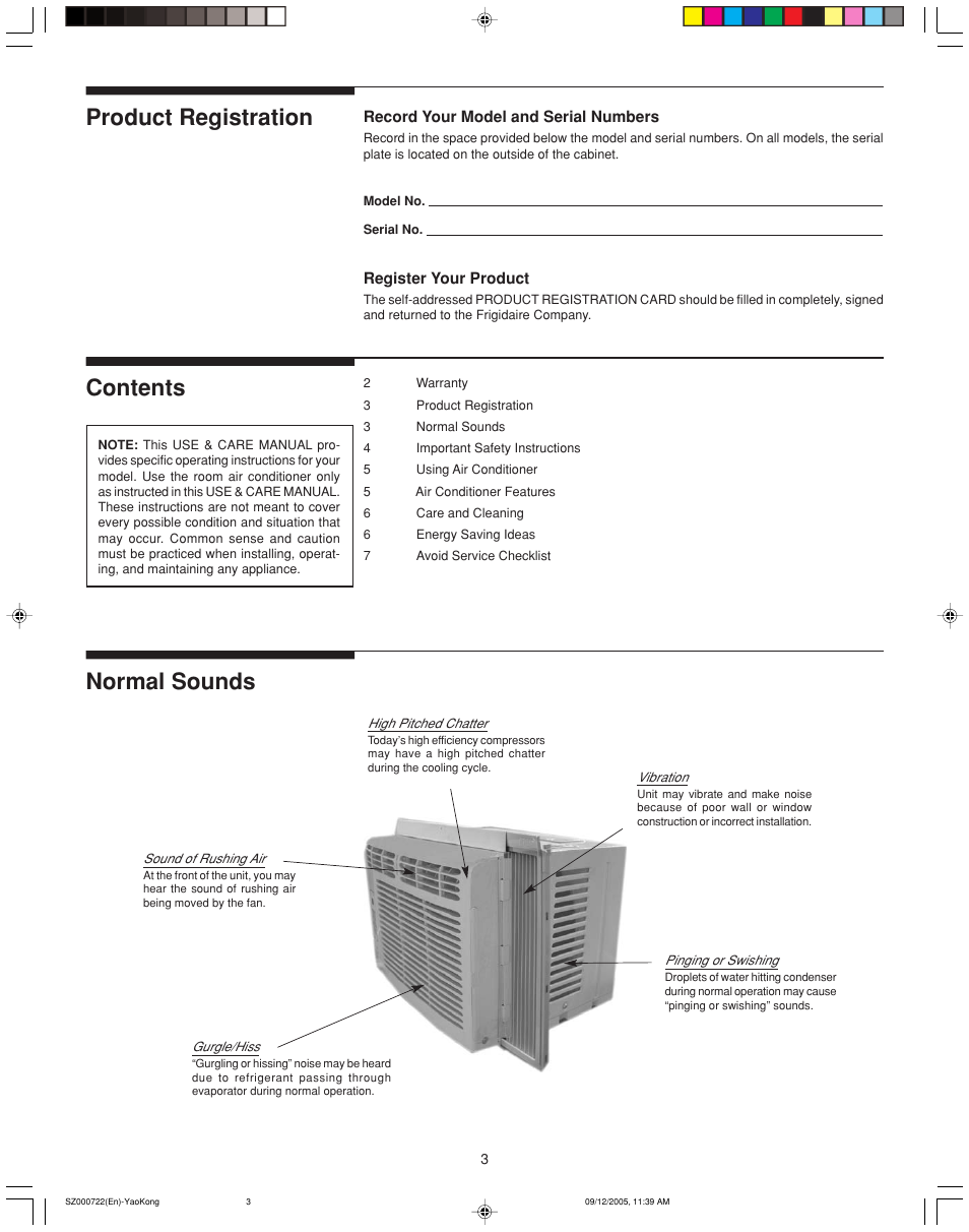 Product registration contents normal sounds | FRIGIDAIRE 220211A177 User Manual | Page 3 / 7