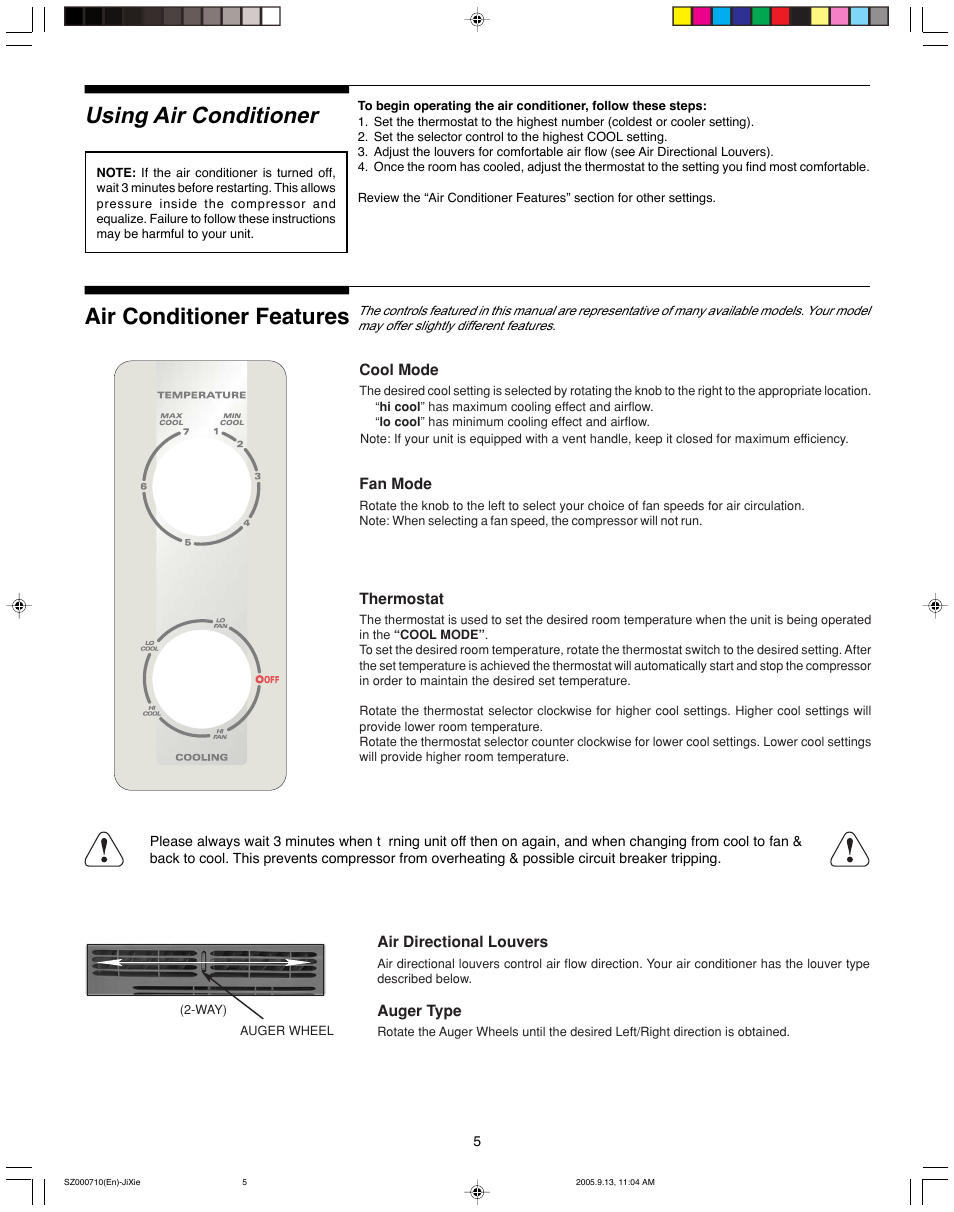 Using air conditioner, Air conditioner features | FRIGIDAIRE 220211A177 User Manual | Page 5 / 7