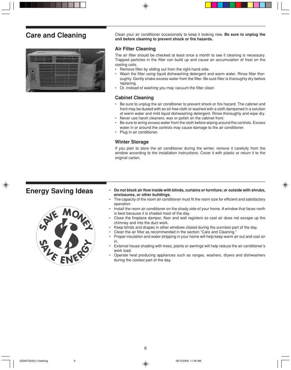 Care and cleaning energy saving ideas | FRIGIDAIRE 220211A177 User Manual | Page 6 / 7