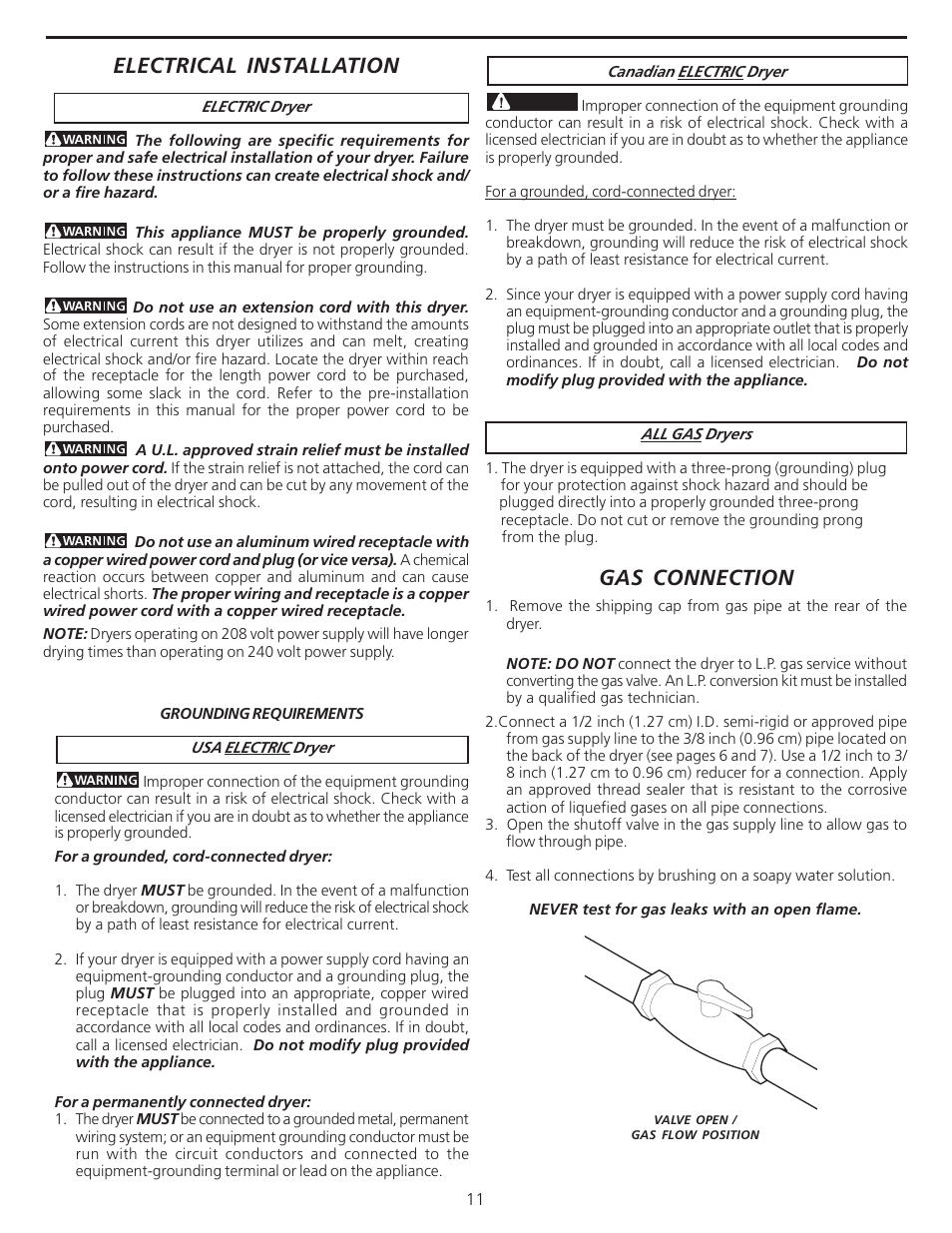 Electrical installation, Gas connection | FRIGIDAIRE 137101400 User Manual | Page 11 / 35