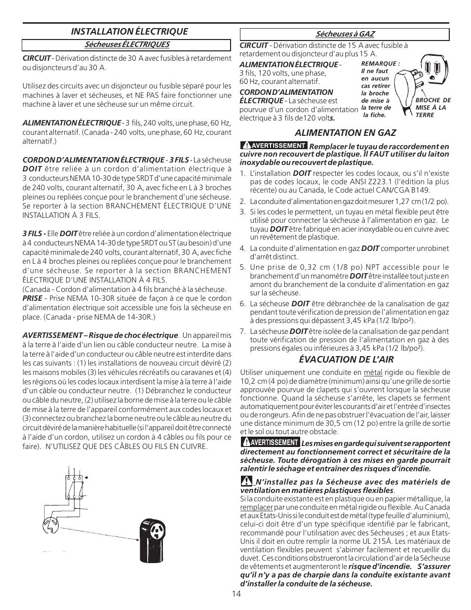 Évacuation de l’air, Installation électrique, Alimentation en gaz | FRIGIDAIRE 137101400 User Manual | Page 14 / 35