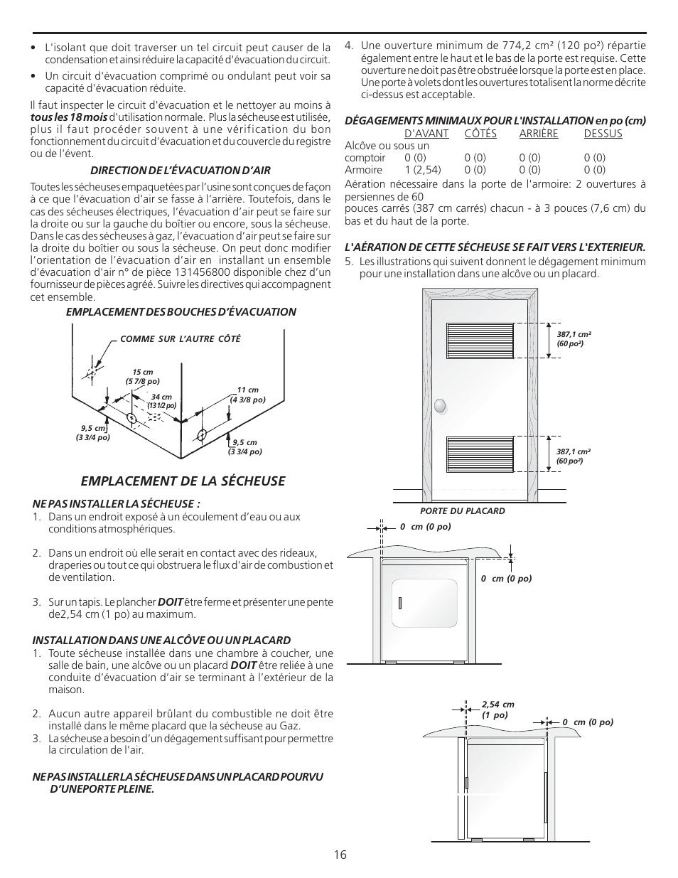 Emplacement de la sécheuse | FRIGIDAIRE 137101400 User Manual | Page 16 / 35