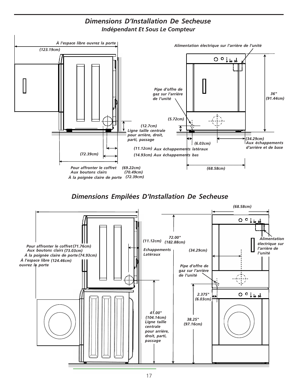 Stacked dryer installation dimensions, Indépendant et sous le compteur | FRIGIDAIRE 137101400 User Manual | Page 17 / 35