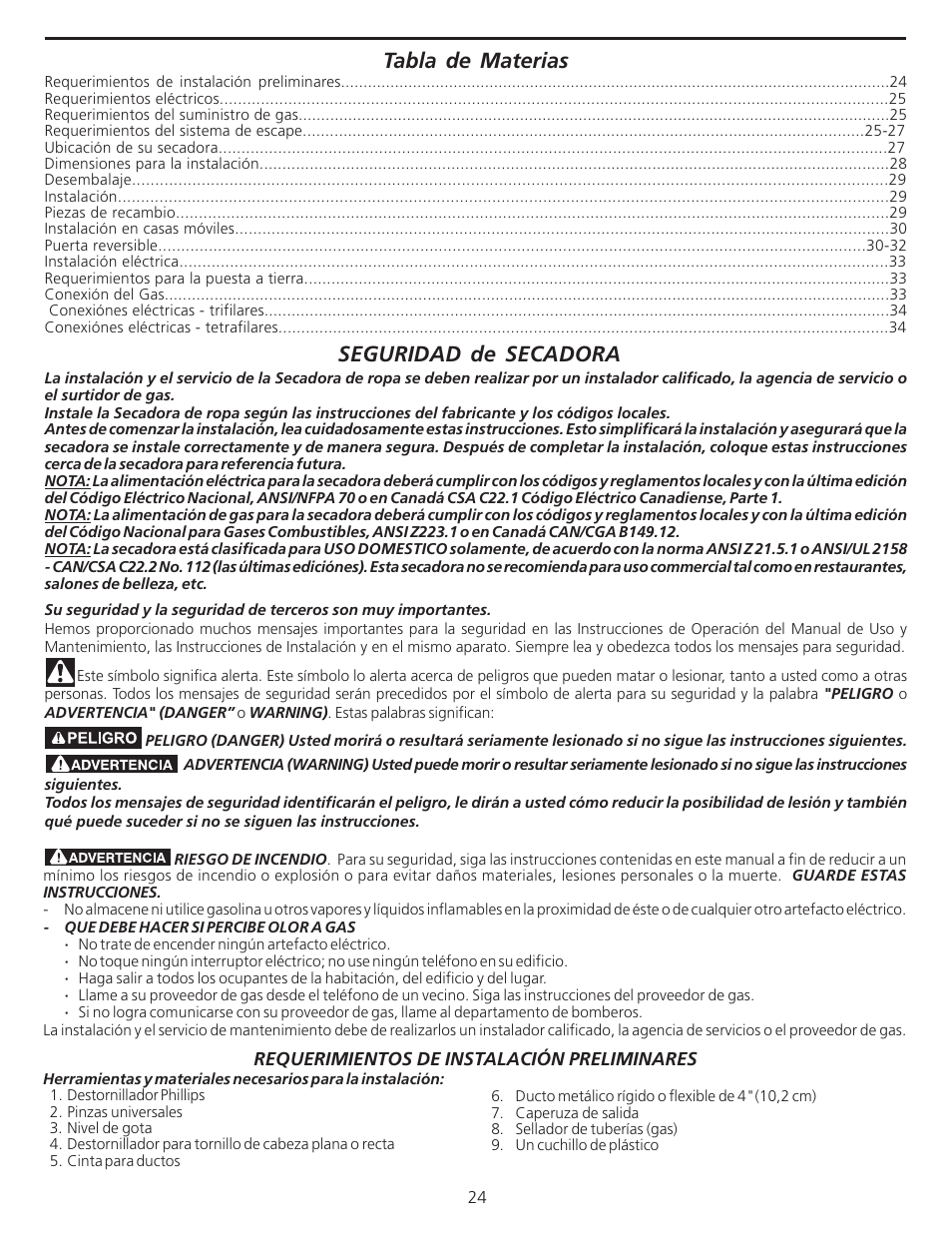 Tabla de materias, Seguridad de secadora | FRIGIDAIRE 137101400 User Manual | Page 24 / 35