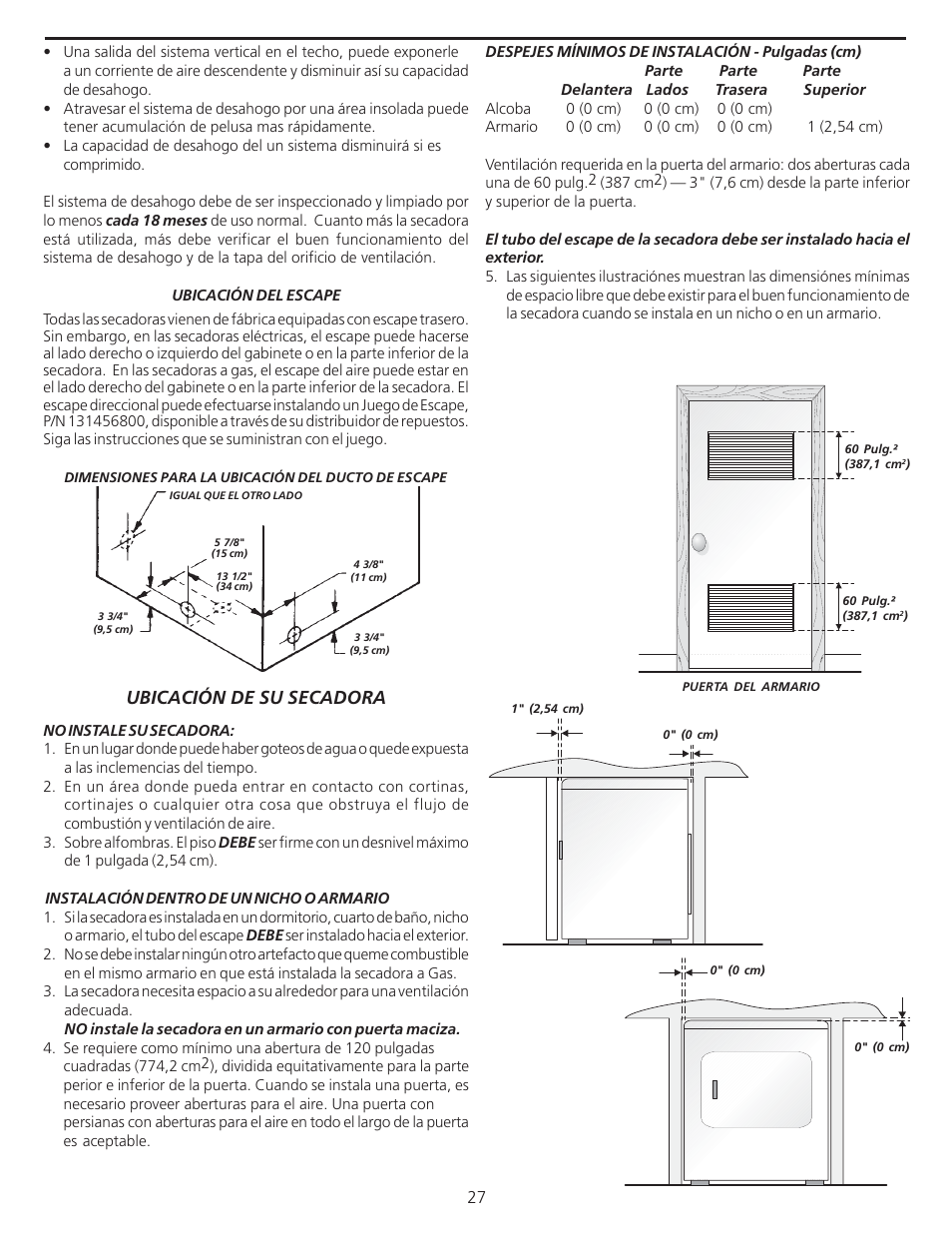 Ubicación de su secadora | FRIGIDAIRE 137101400 User Manual | Page 27 / 35