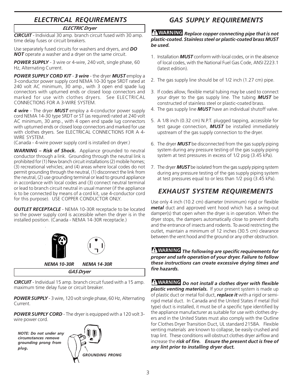 Electrical requirements, Gas supply requirements, Exhaust system requirements | FRIGIDAIRE 137101400 User Manual | Page 3 / 35