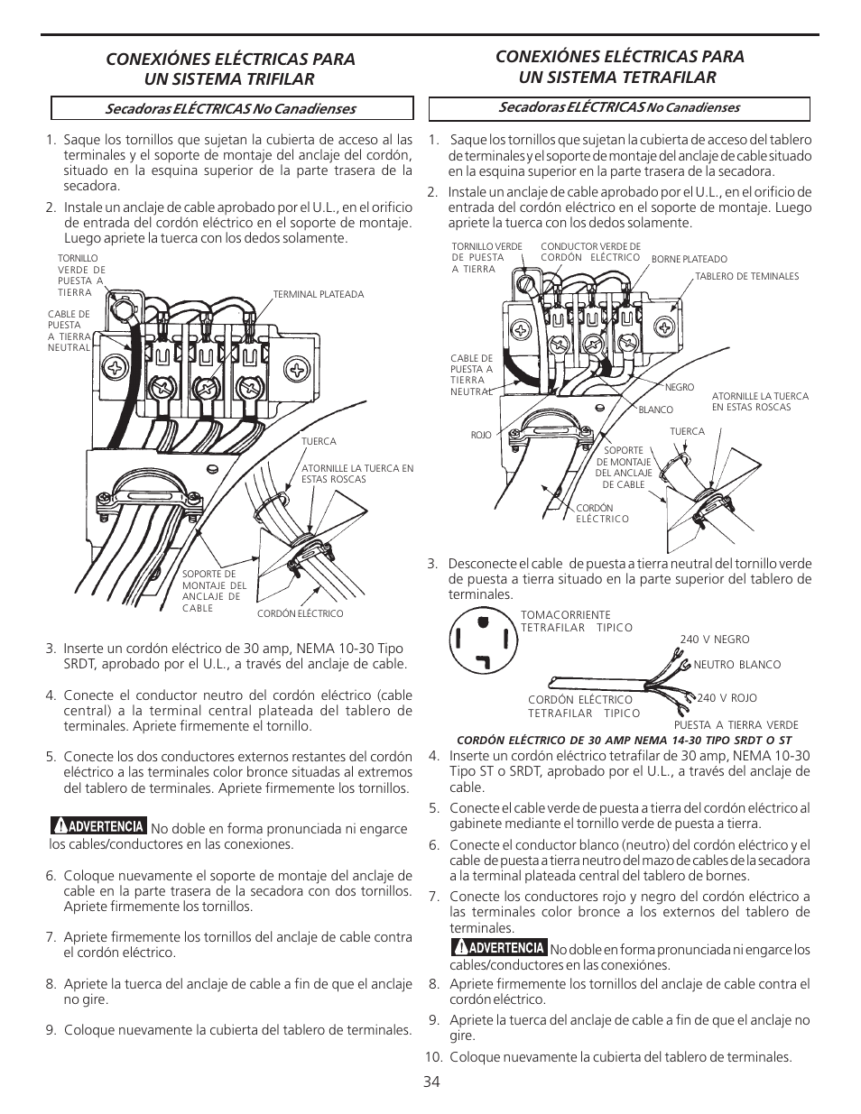 Conexiónes eléctricas para un sistema tetrafilar, Conexiónes eléctricas para un sistema trifilar | FRIGIDAIRE 137101400 User Manual | Page 34 / 35