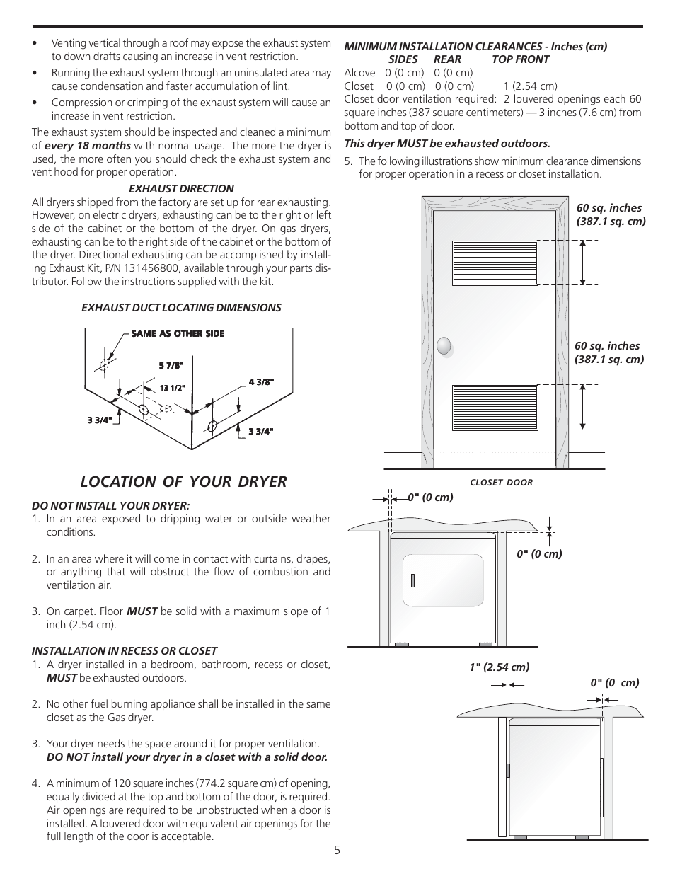 Location of your dryer | FRIGIDAIRE 137101400 User Manual | Page 5 / 35