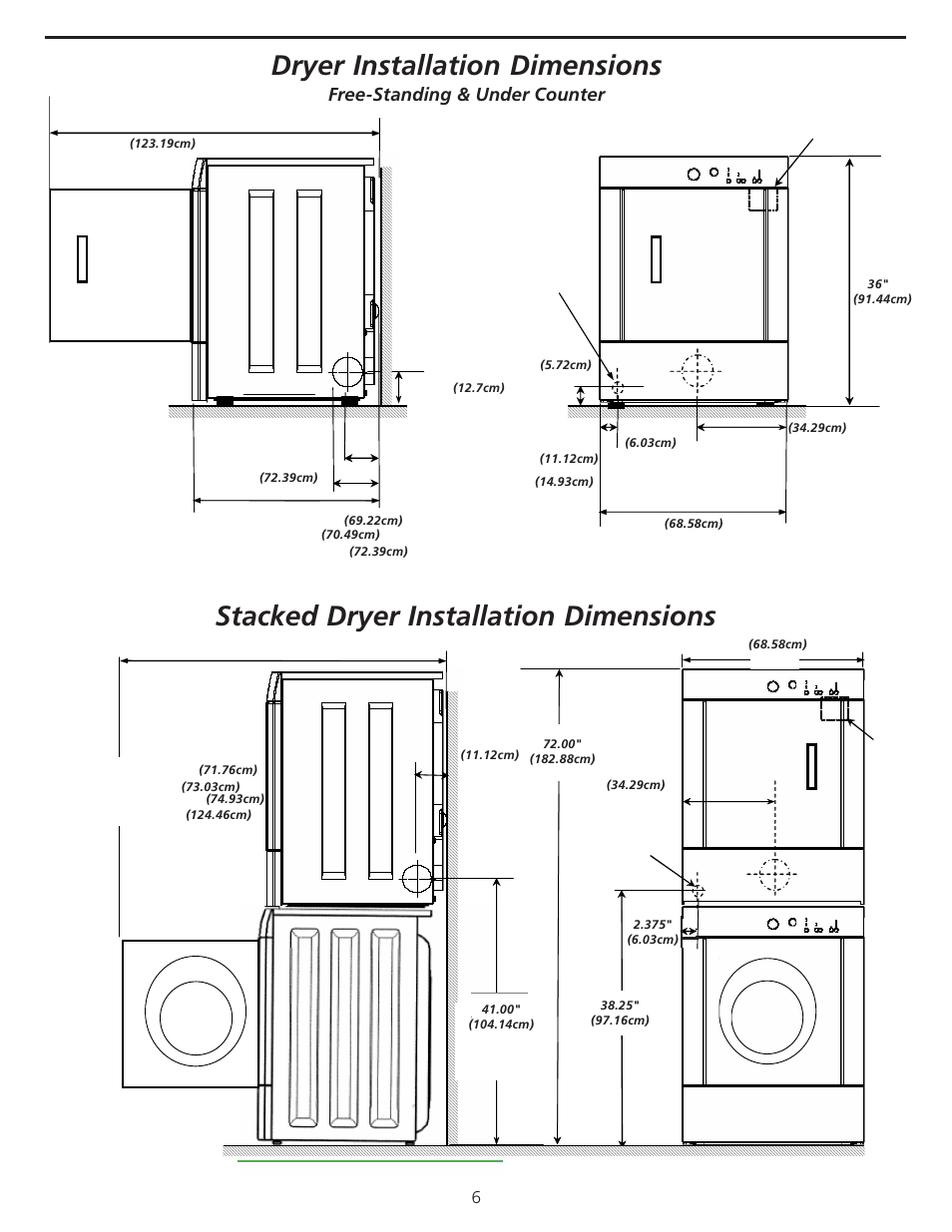 Dryer installation dimensions, Stacked dryer installation dimensions, Free-standing & under counter | FRIGIDAIRE 137101400 User Manual | Page 6 / 35