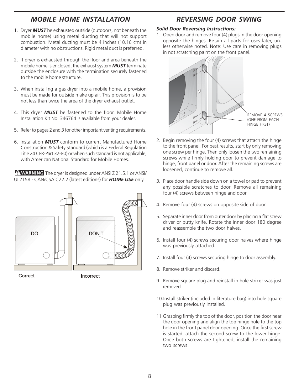 Mobile home installation, Reversing door swing | FRIGIDAIRE 137101400 User Manual | Page 8 / 35