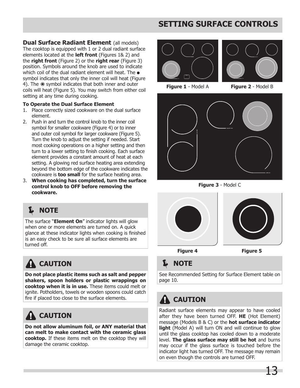 Setting surface controls, Caution | FRIGIDAIRE 318205804 User Manual | Page 13 / 44