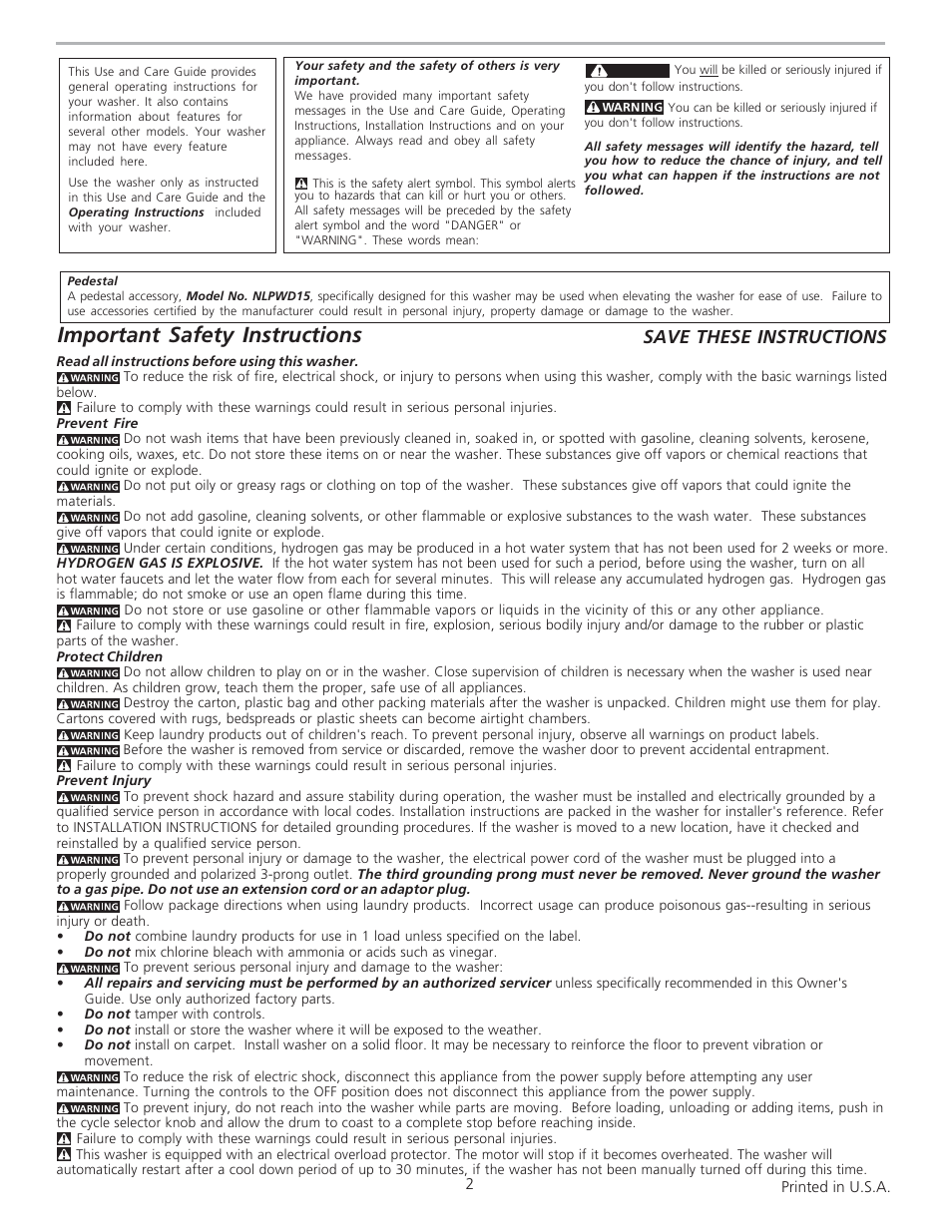 Important safety instructions, Save these instructions | FRIGIDAIRE 134667900 User Manual | Page 2 / 9