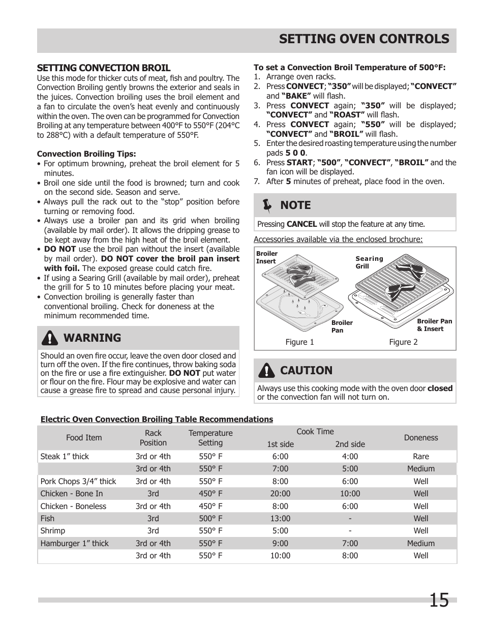Setting oven controls, Warning, Caution | FRIGIDAIRE 318205302 User Manual | Page 15 / 28
