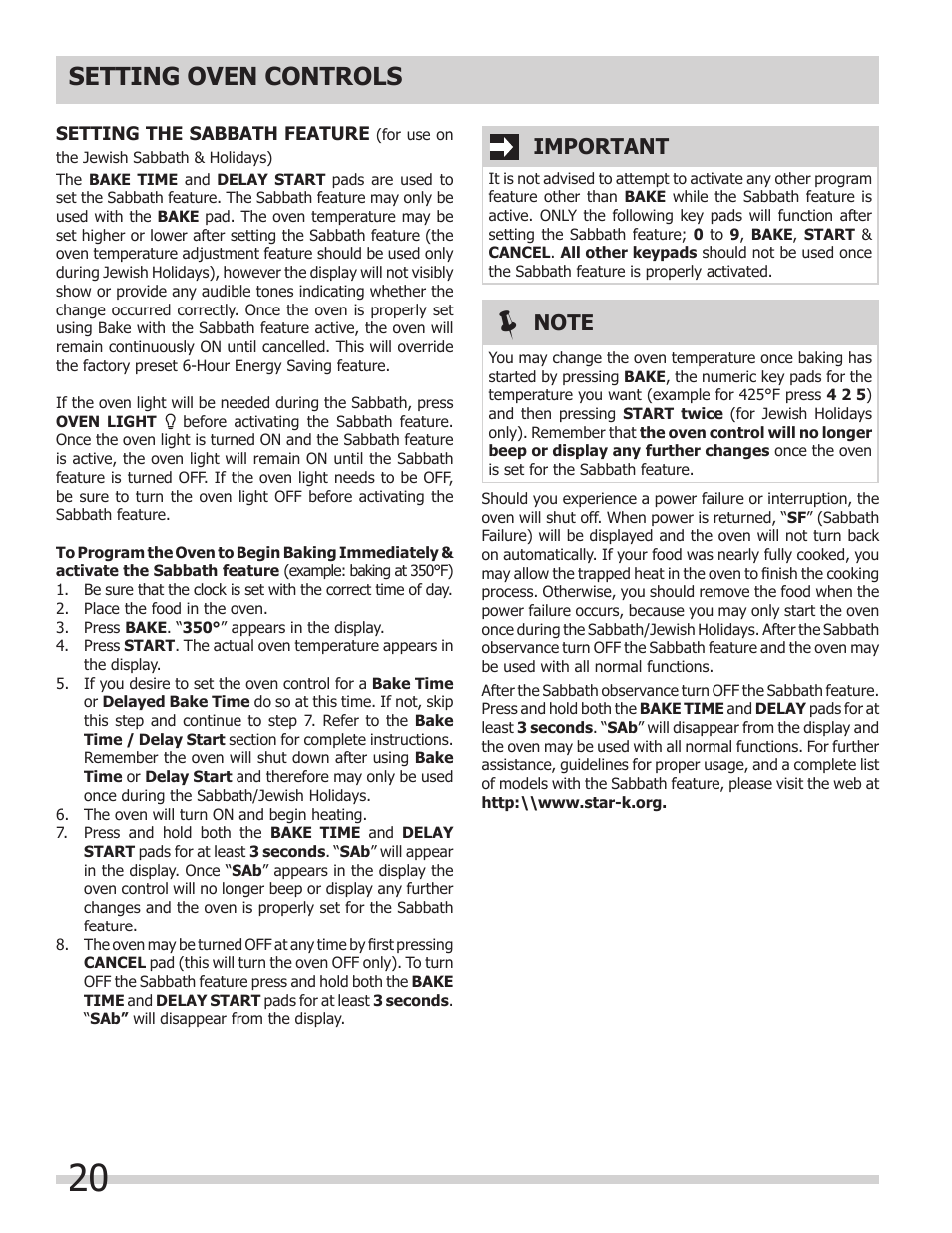 Setting oven controls, Important | FRIGIDAIRE 318205302 User Manual | Page 20 / 28