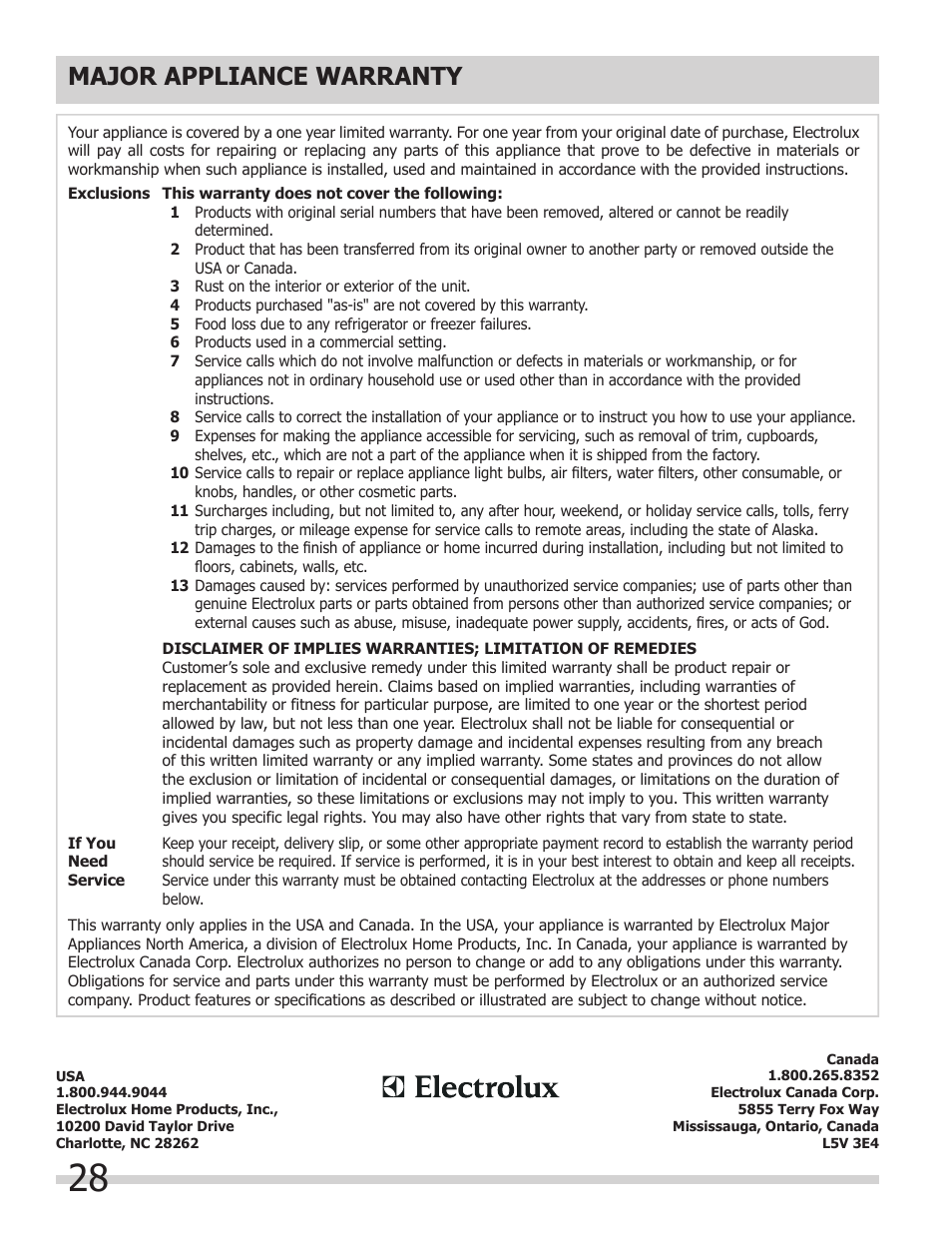 Major appliance warranty | FRIGIDAIRE 318205302 User Manual | Page 28 / 28