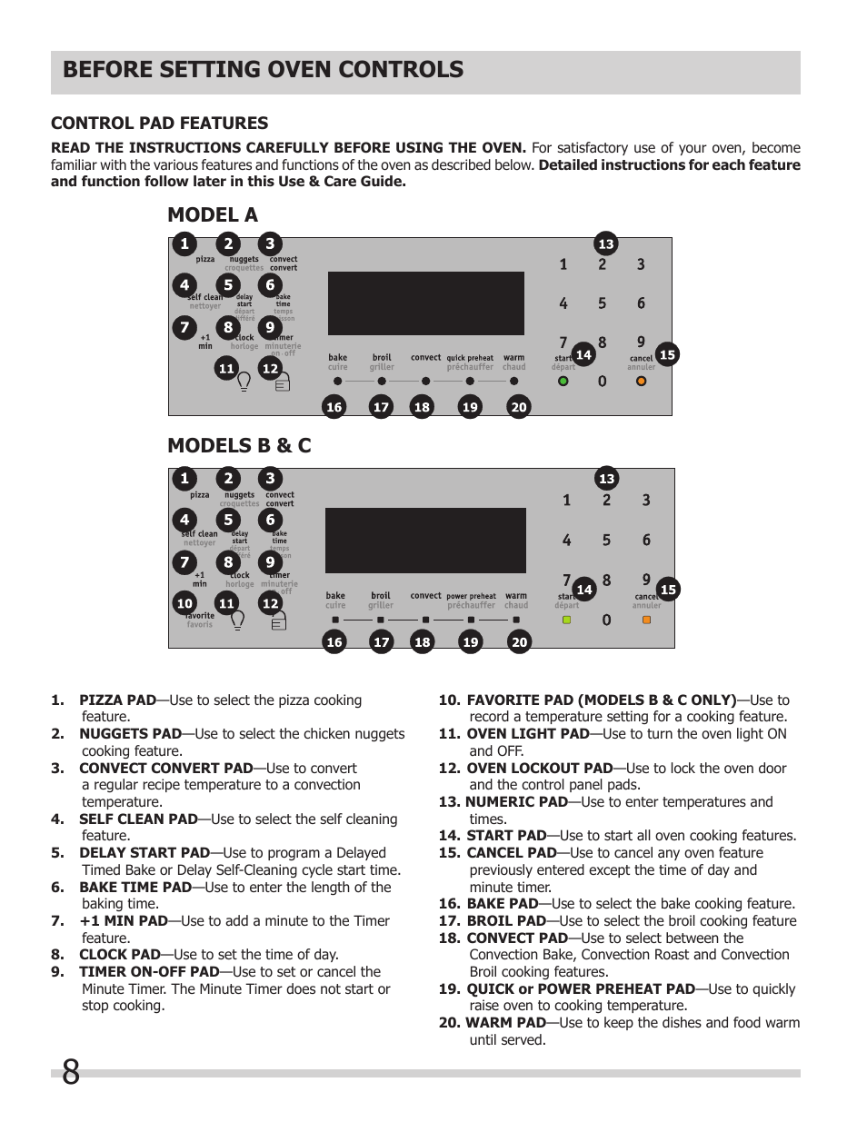 Before setting oven controls, Model a models b & c | FRIGIDAIRE 318205302 User Manual | Page 8 / 28