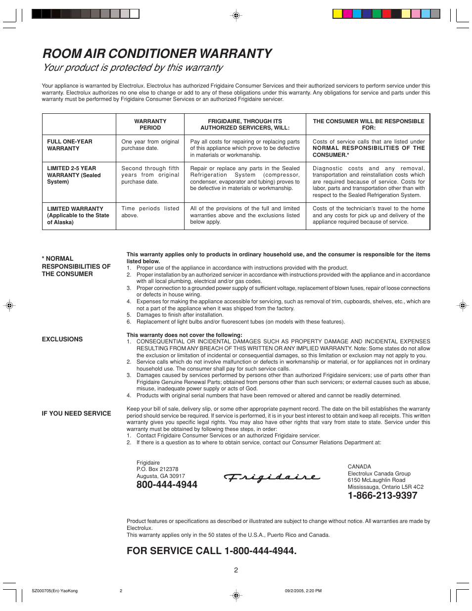 Room air conditioner warranty, Your product is protected by this warranty | FRIGIDAIRE 220219A174 User Manual | Page 2 / 12