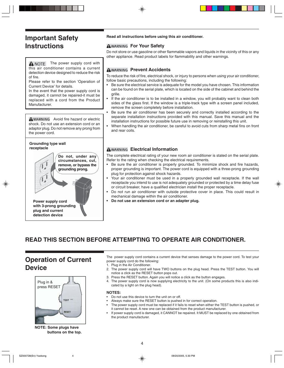 Important safety instructions, Operation of current device | FRIGIDAIRE 220219A174 User Manual | Page 4 / 12