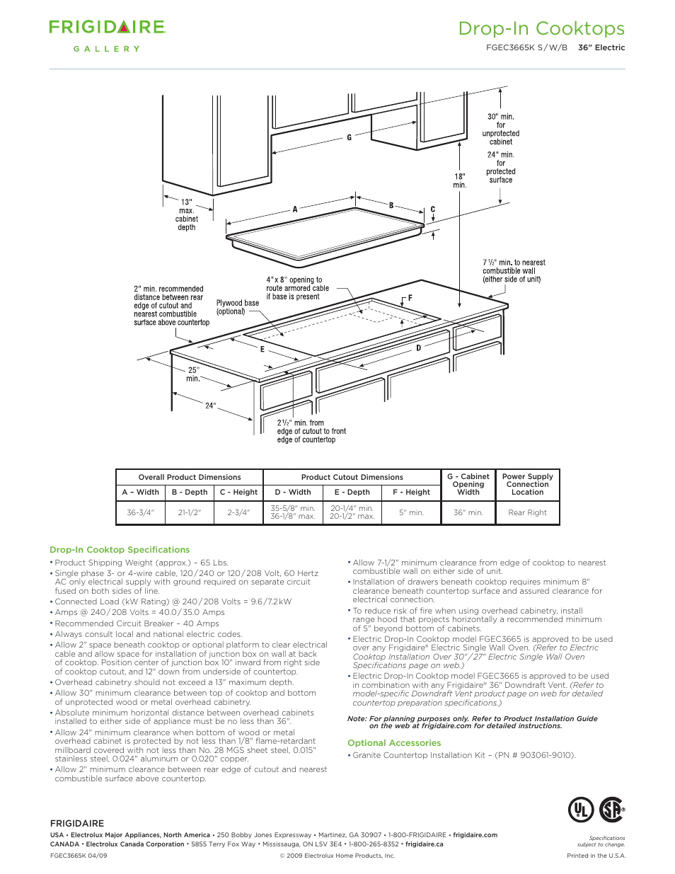 30"/36" drop-in electric cooktops, Professional, gallery & frigidaire, Drop-in cooktops | Callouts must be charted per individual model) | FRIGIDAIRE FGEC3665K User Manual | Page 2 / 3