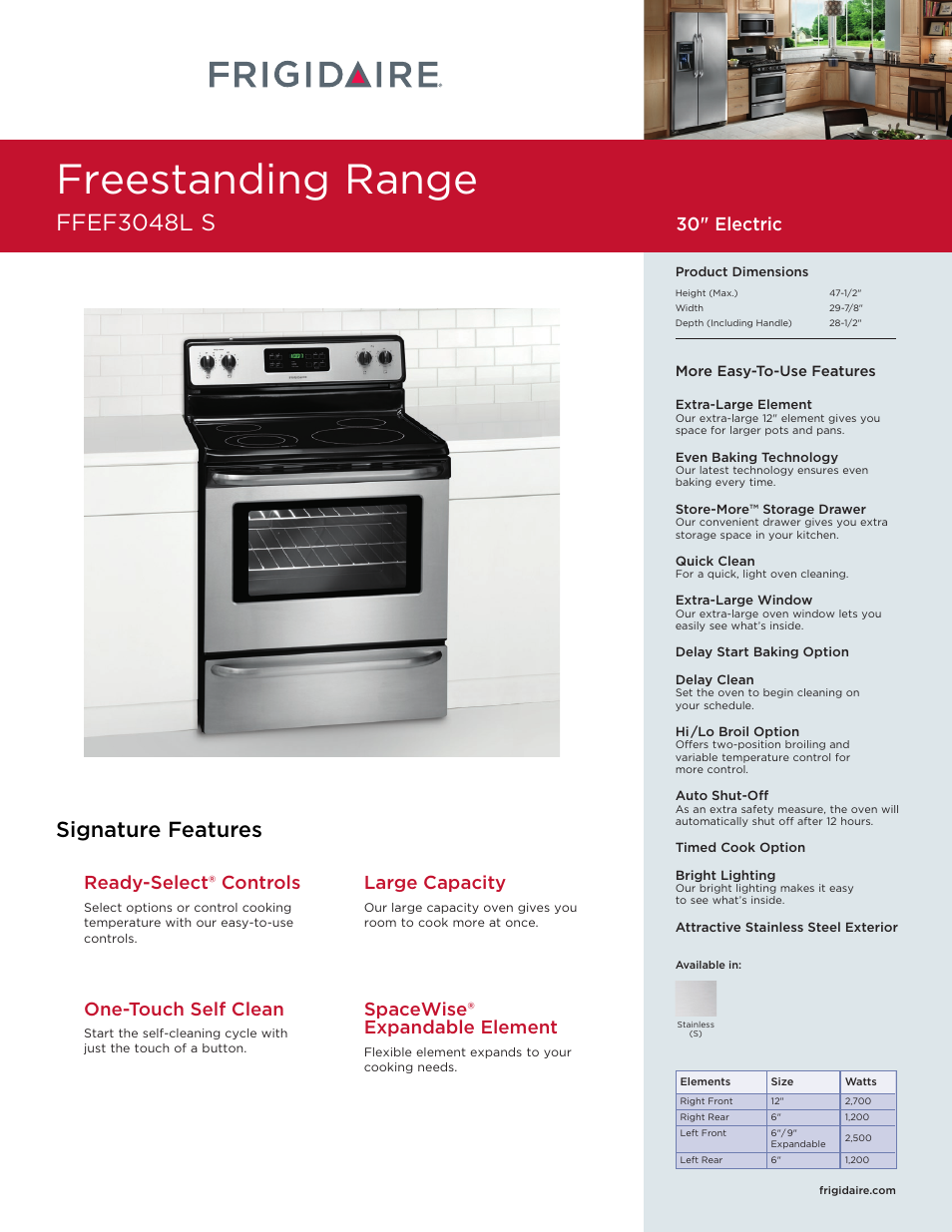 FRIGIDAIRE FREESTANDING RANGE FFEF3048L S User Manual | 4 pages