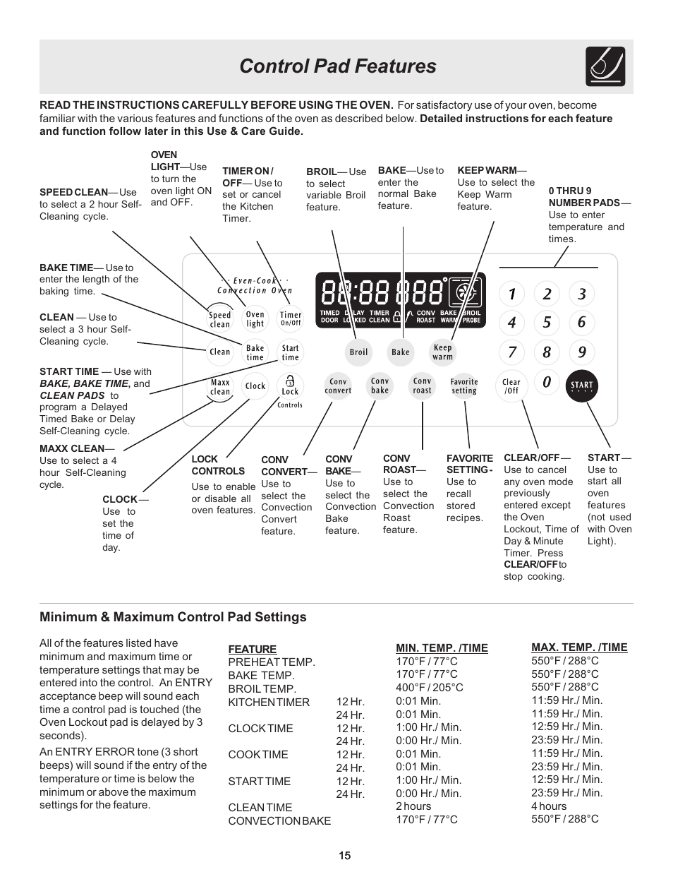 Control pad features | FRIGIDAIRE ES530 User Manual | Page 15 / 40