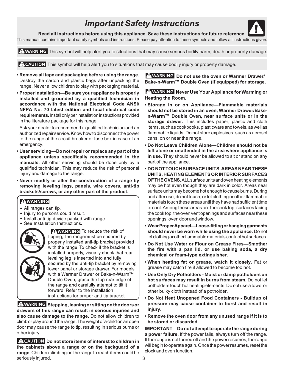 Important safety instructions | FRIGIDAIRE ES530 User Manual | Page 3 / 40