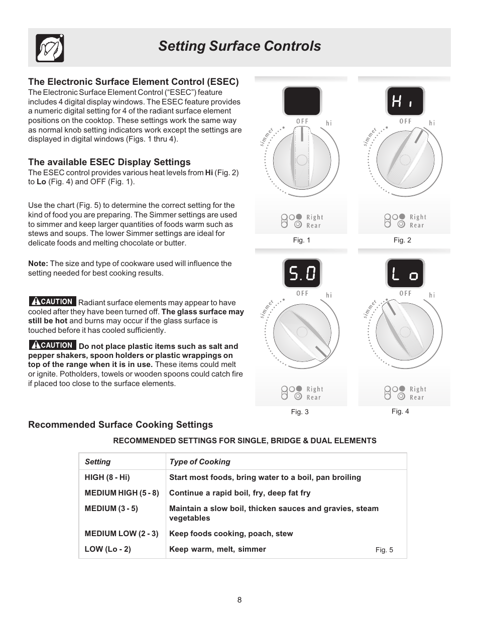 Setting surface controls | FRIGIDAIRE ES530 User Manual | Page 8 / 40