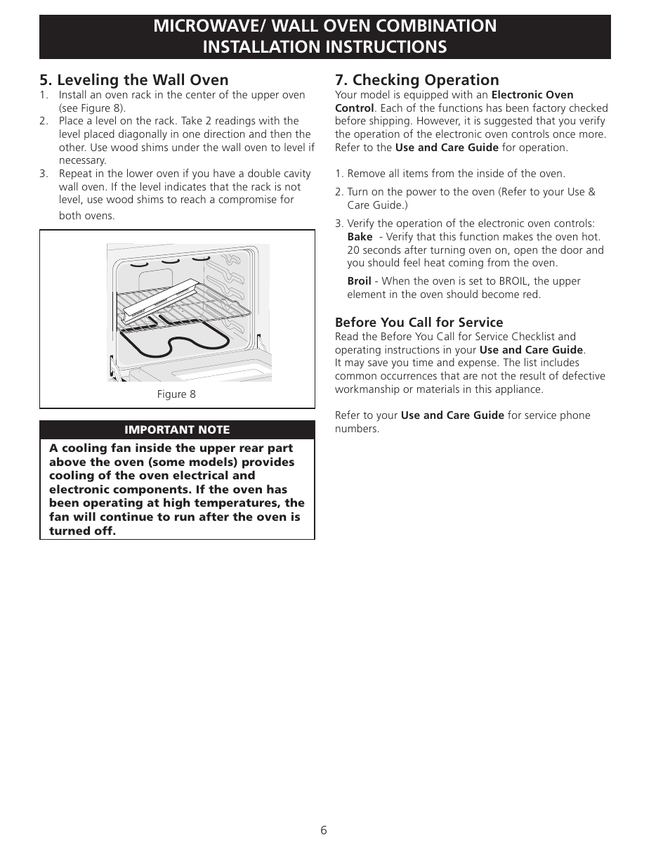 Checking operation, Leveling the wall oven | FRIGIDAIRE 318201533 User Manual | Page 6 / 12