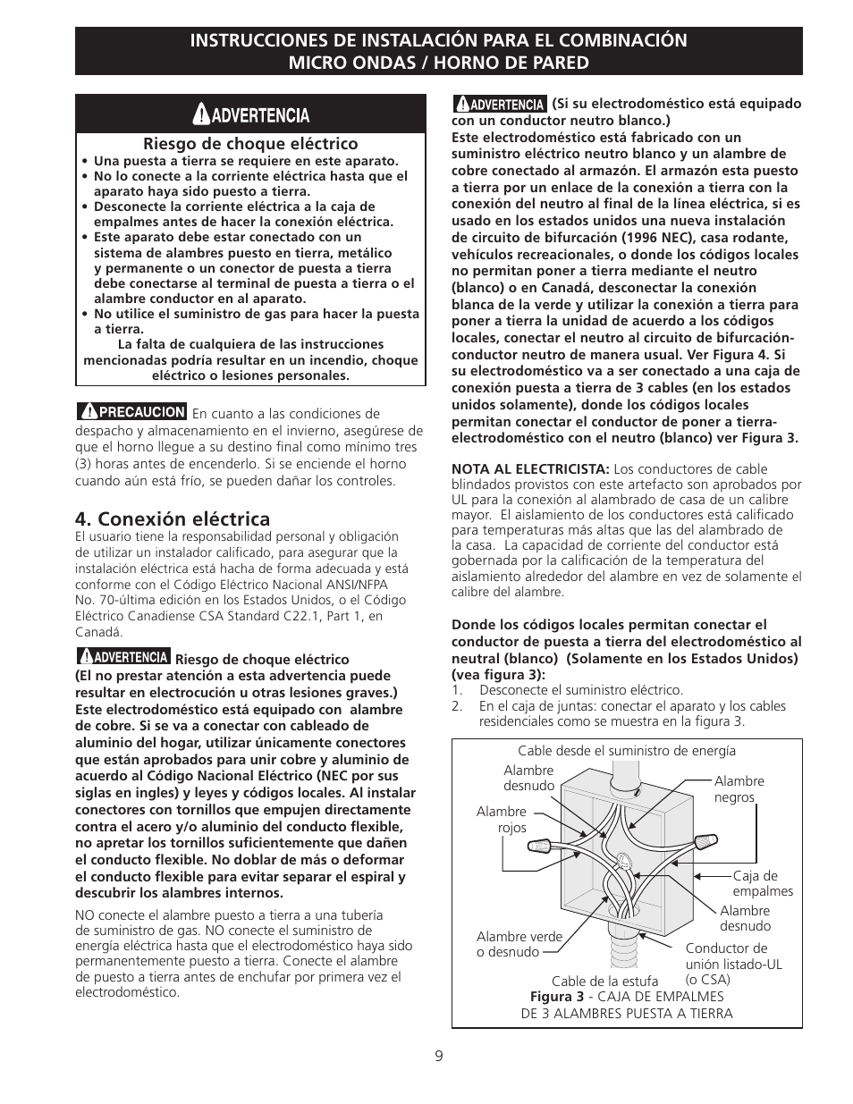 Conexión eléctrica | FRIGIDAIRE 318201533 User Manual | Page 9 / 12