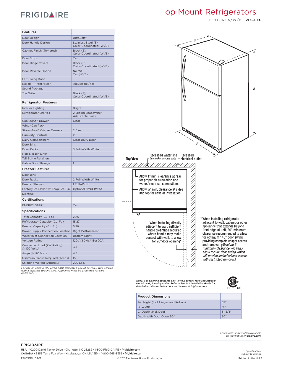 Top mount refrigerators frigidaire baseline, Op mount refrigerators | FRIGIDAIRE FFHT2117L User Manual | Page 2 / 4