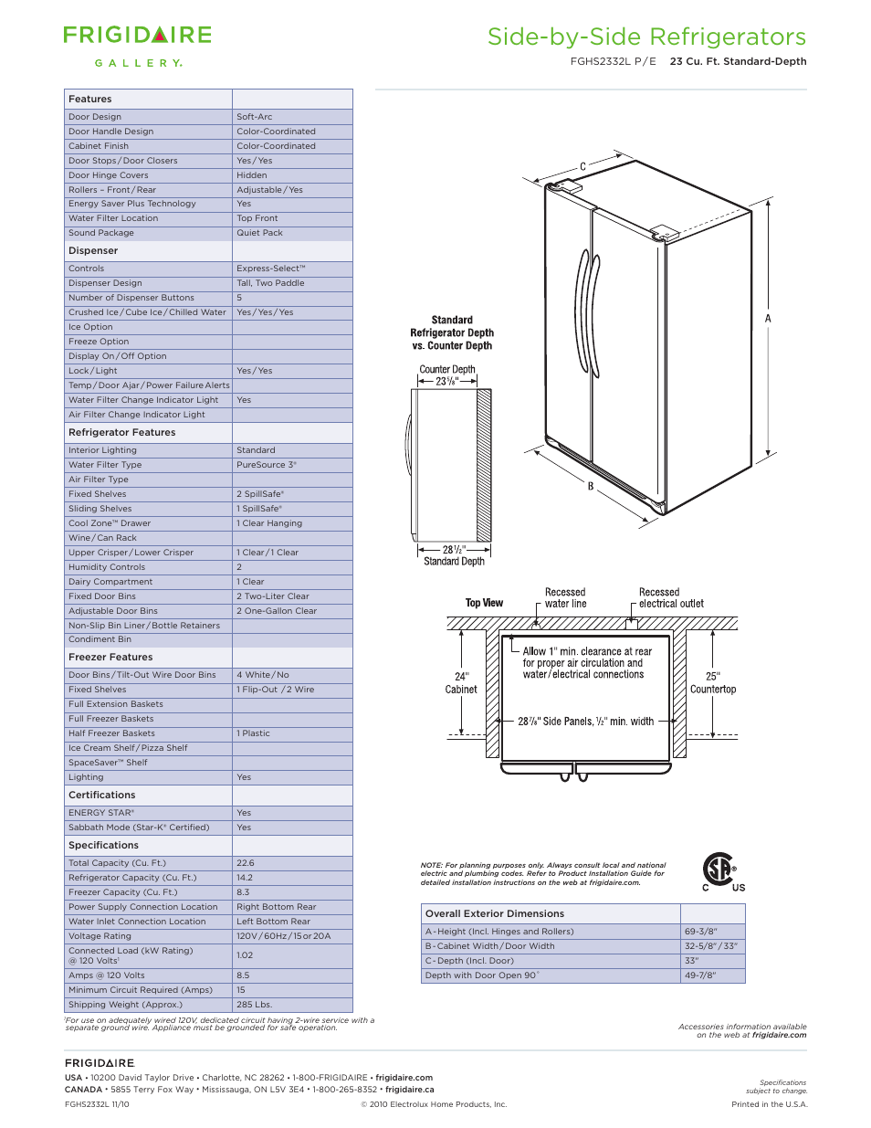 Side-by-side refrigerators | FRIGIDAIRE FGHS2332L P/E User Manual | Page 2 / 3