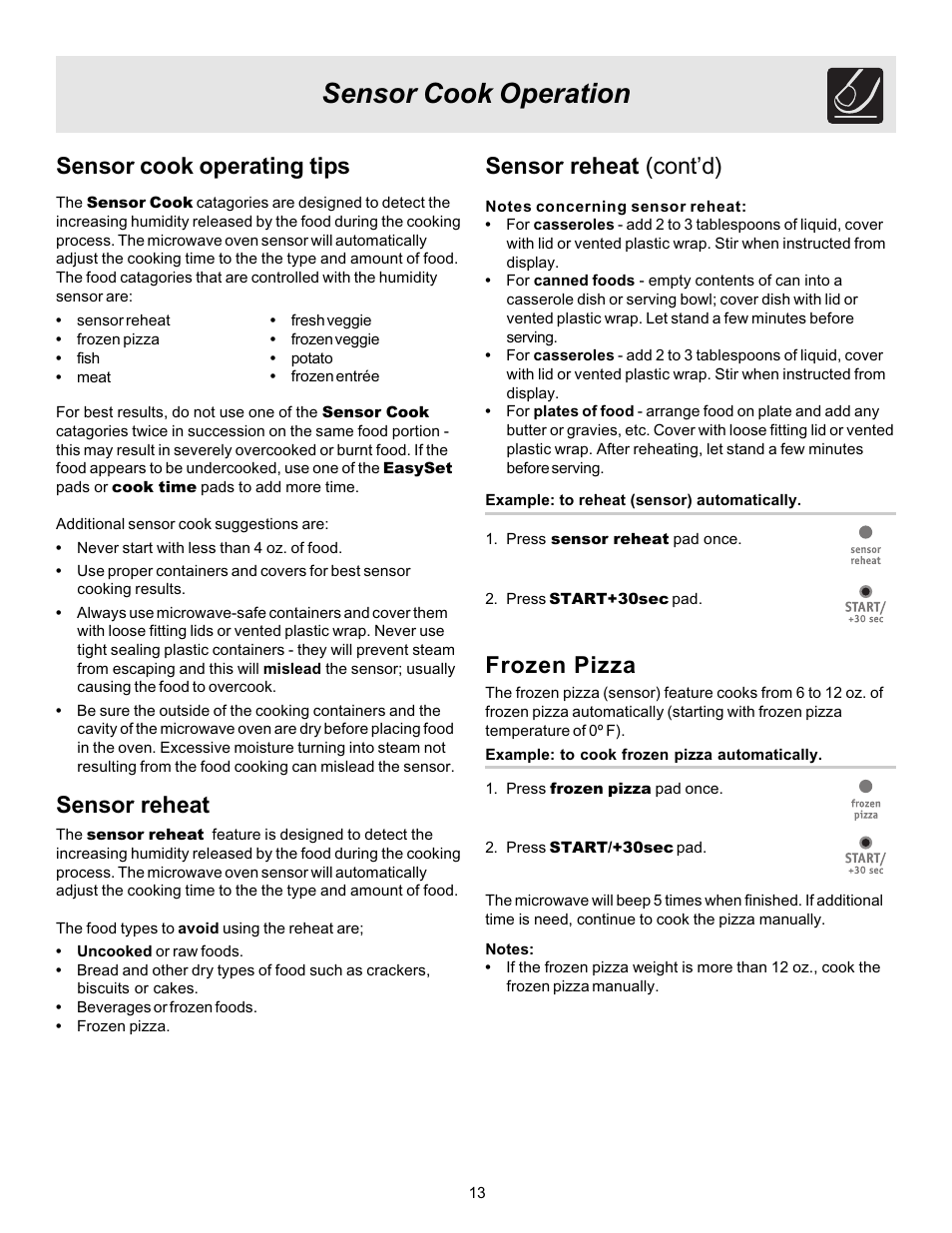 Sensor cook operation, Sensor cook operating tips, Frozen pizza | Sensor reheat, Sensor reheat (cont’d) | FRIGIDAIRE 316495003 User Manual | Page 13 / 24