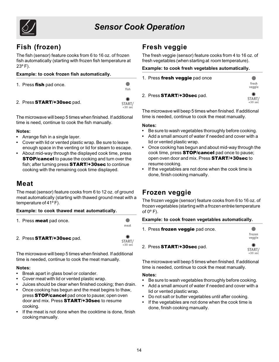 Sensor cook operation, Fresh veggie, Frozen veggie | Meat, Fish (frozen) | FRIGIDAIRE 316495003 User Manual | Page 14 / 24