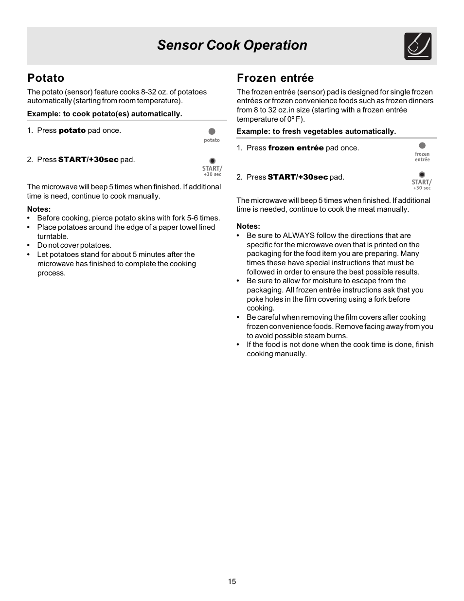 Sensor cook operation, Frozen entrée, Potato | FRIGIDAIRE 316495003 User Manual | Page 15 / 24