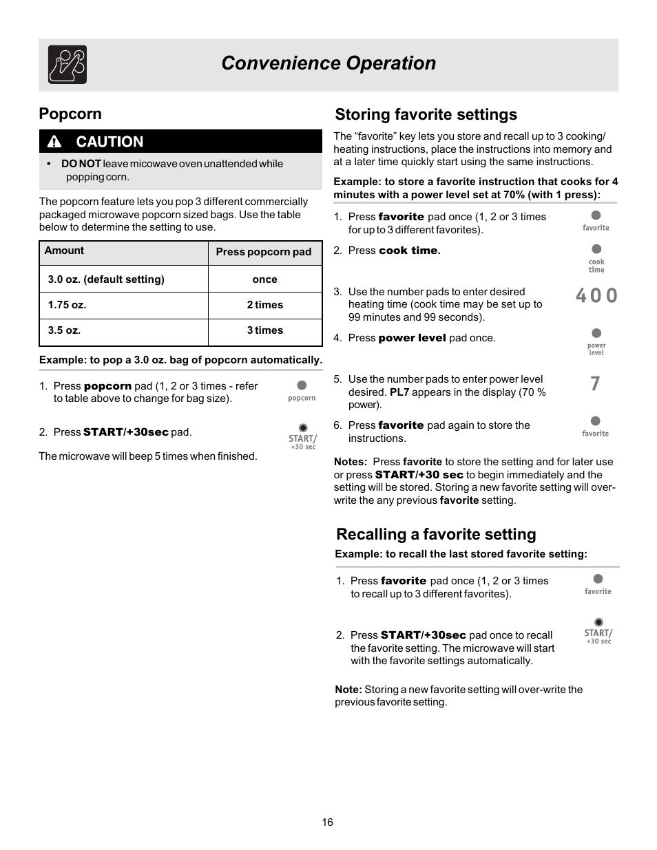 Convenience operation, Popcorn | FRIGIDAIRE 316495003 User Manual | Page 16 / 24