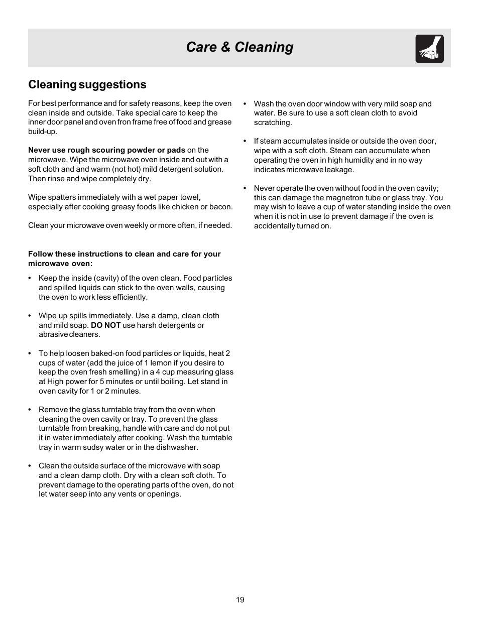 Care & cleaning, Cleaning suggestions | FRIGIDAIRE 316495003 User Manual | Page 19 / 24