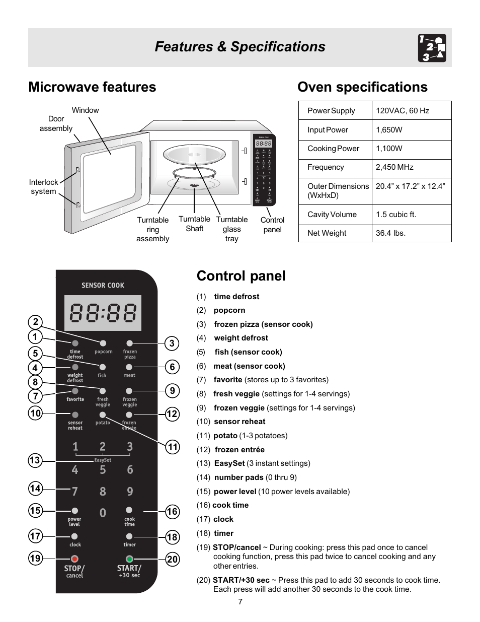 Features & specifications microwave features, Oven specifications, Control panel | FRIGIDAIRE 316495003 User Manual | Page 7 / 24