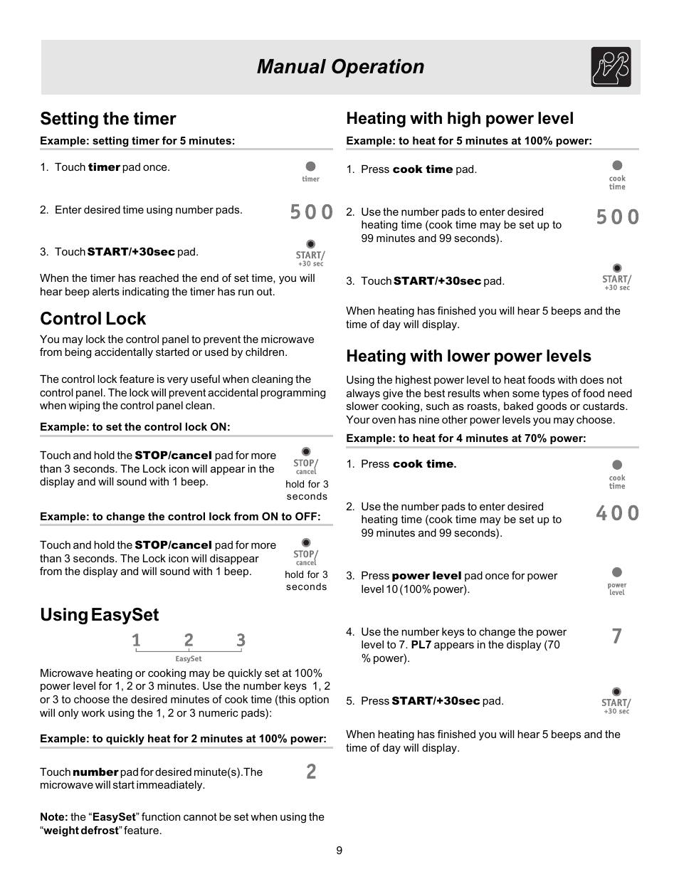 Manual operation, Setting the timer, Using easyset | Control lock, Heating with high power level, Heating with lower power levels | FRIGIDAIRE 316495003 User Manual | Page 9 / 24