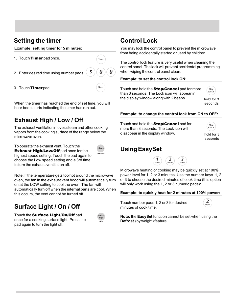 Manual cooking, Setting the timer, Exhaust high / low / off | Surface light / on / off, Control lock, Using easyset | FRIGIDAIRE 316495058 User Manual | Page 11 / 25