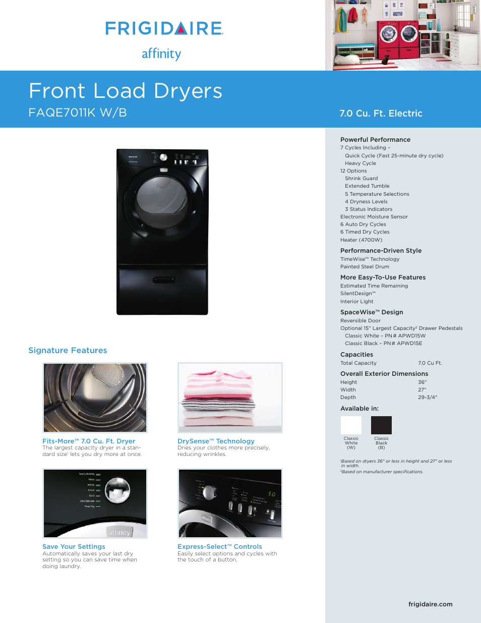 FRIGIDAIRE FAQe7011K W/B User Manual | 2 pages