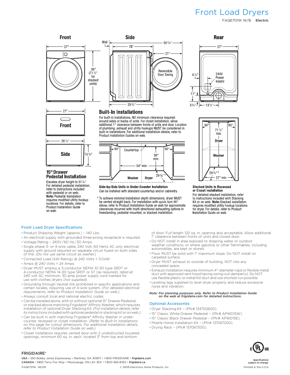 Front load dryers | FRIGIDAIRE FAQe7011K W/B User Manual | Page 2 / 2