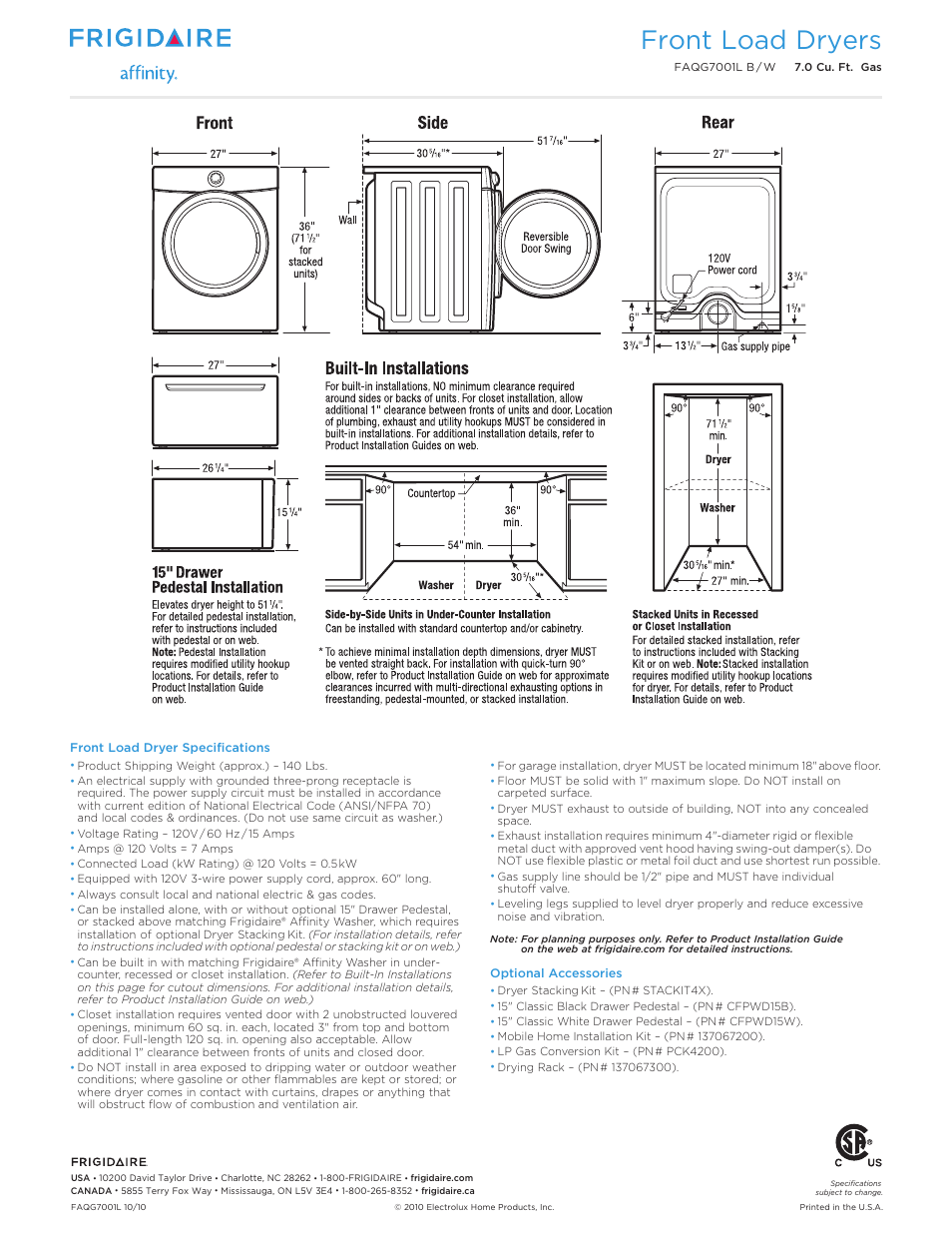 Front load dryers | FRIGIDAIRE FAQG7001L B User Manual | Page 3 / 3