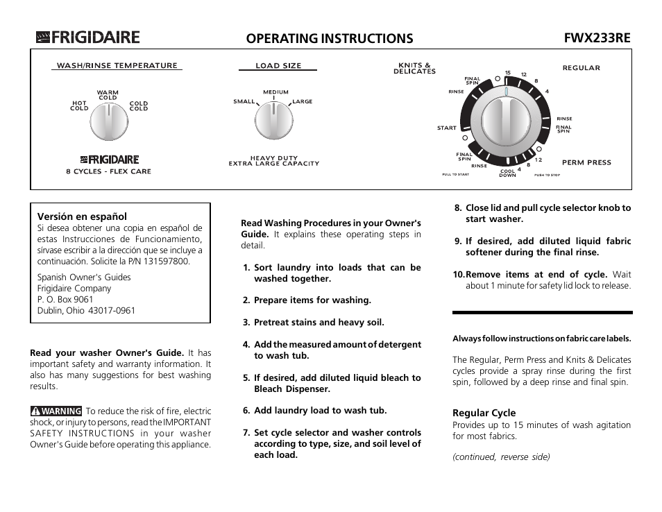 FRIGIDAIRE fwx233re User Manual | 2 pages