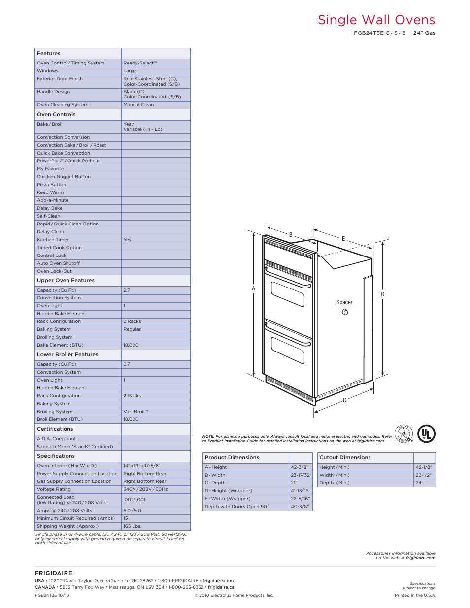 Double gas wall ovens frigidaire baseline, Single wall ovens | FRIGIDAIRE FGB24T3EC User Manual | Page 2 / 2