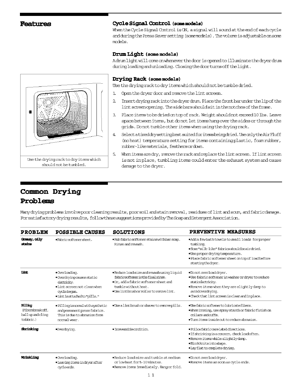 Common drying probleans, Cycle signal control (someinocleie, Drum light (some models) | Aq^,qíly, Cyclebe^n, Oiráiddiig | FRIGIDAIRE Washer/Dryer User Manual | Page 11 / 16