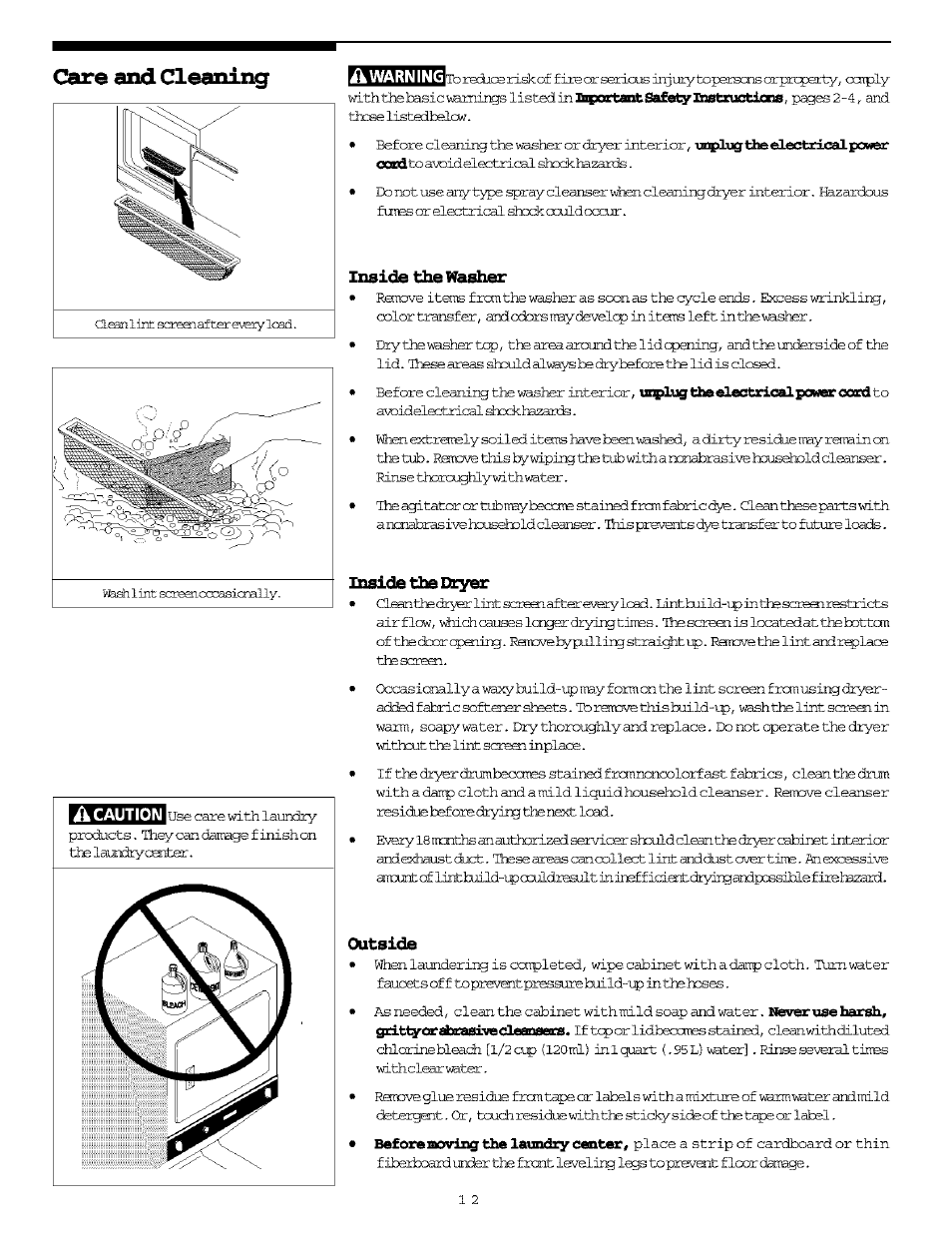 Inside the warier, Inside the dryer, Outside | Clesuaing, Butb | FRIGIDAIRE Washer/Dryer User Manual | Page 12 / 16