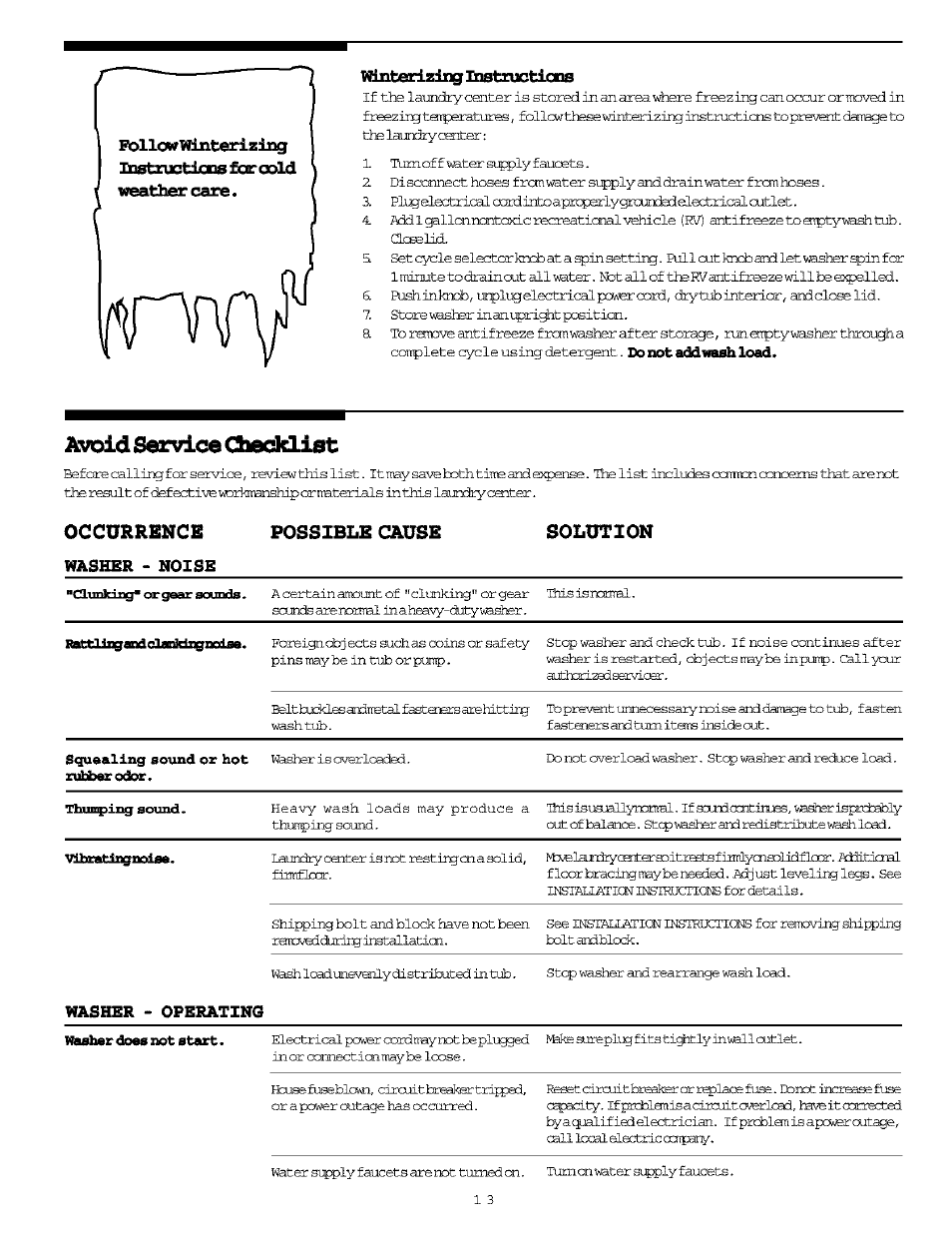 Winterizing instructions, Avoid service cbedclist, Occurrence | Possible cai^e, Possible cai^e solution, Washer - noise, Washer - operating | FRIGIDAIRE Washer/Dryer User Manual | Page 13 / 16