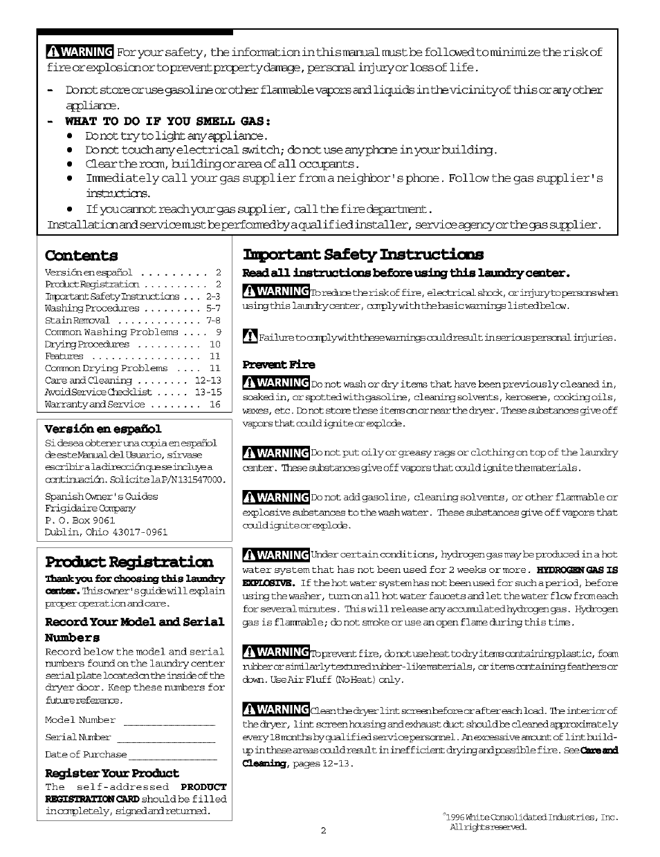 Cemtents, Product registraticn, Nhat to do if you shell oas | Versión en eí^afsol, Record your sisdel and serial ntimbers, Register your product, Prevent fire | FRIGIDAIRE Washer/Dryer User Manual | Page 2 / 16