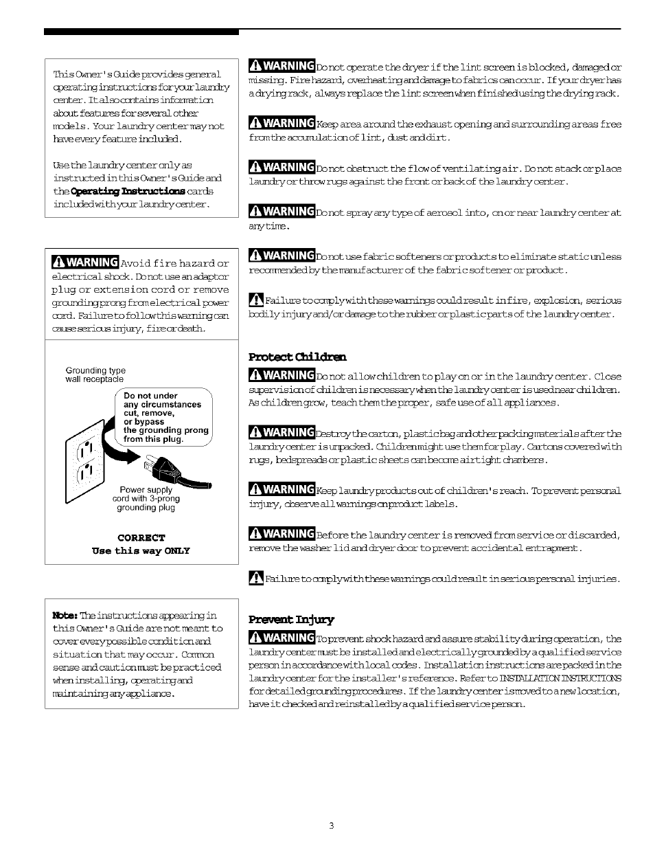 Â warning, Ü warning, À warning | Ik warning, Protect children | FRIGIDAIRE Washer/Dryer User Manual | Page 3 / 16