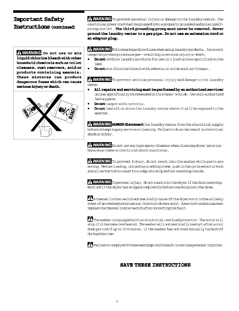 A warning, Warning, Ü warning | Save these instructions, Japortant, Safety, Xostructijclls (ccntiisied | FRIGIDAIRE Washer/Dryer User Manual | Page 4 / 16